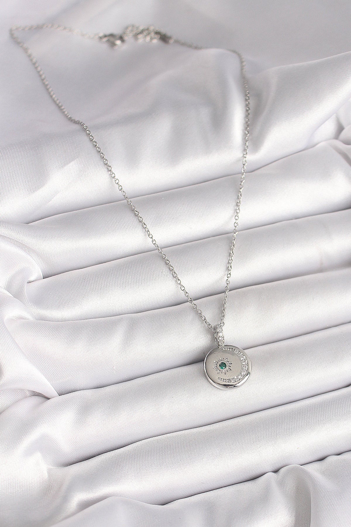 316L Steel Silver Color Chain Medallion Zircon Stone Embroidered Crescent Star Model Women's Necklace