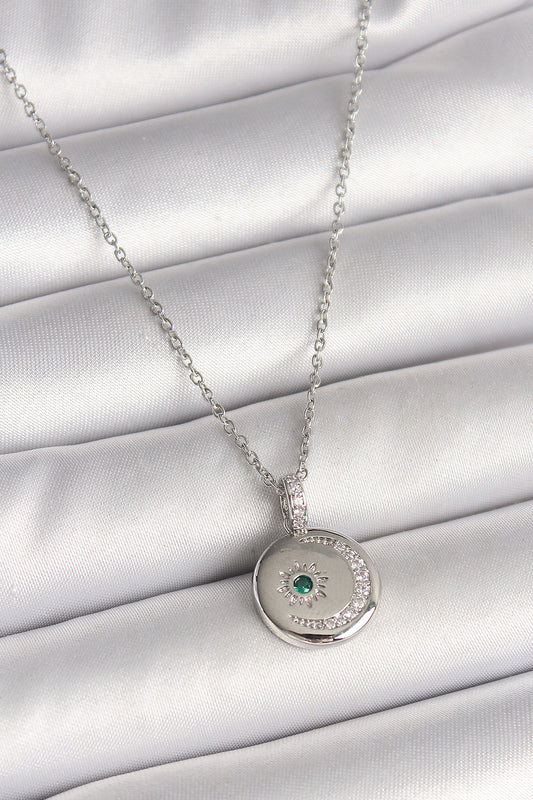 316L Steel Silver Color Chain Medallion Zircon Stone Embroidered Crescent Star Model Women's Necklace