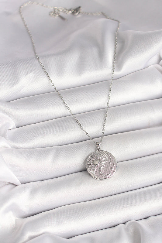 316L Steel Silver Color Chain Zircon Stone Moon Sun Embroidered Medallion Model Women's Necklace