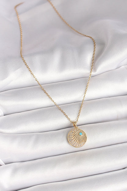 316L Çelik Gold Renk Zincir Zirkon Taş İşlemeli Mavi Taş Detaylı Madalyon Model Kadın Kolye