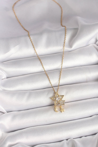 316L Çelik Gold Renk Zincir Zirkon Taşlı Yıldız Model Sallanı Ay Yıldız Detay Kadın Kolye