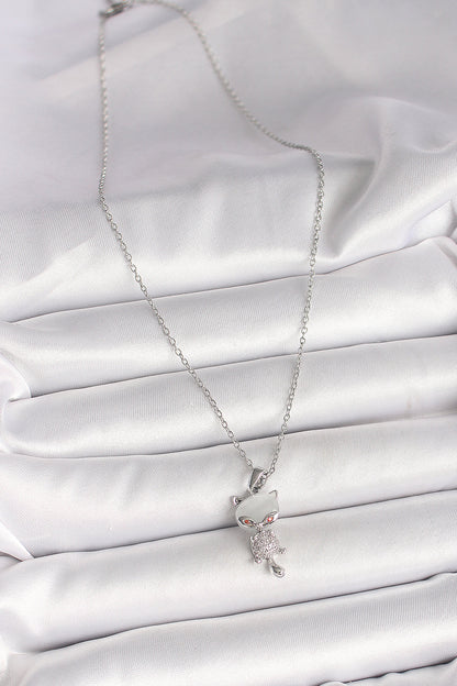 316L Çelik Gümüş Renk Zincir Zirkon Taşlı Kedi Model Kadın Kolye