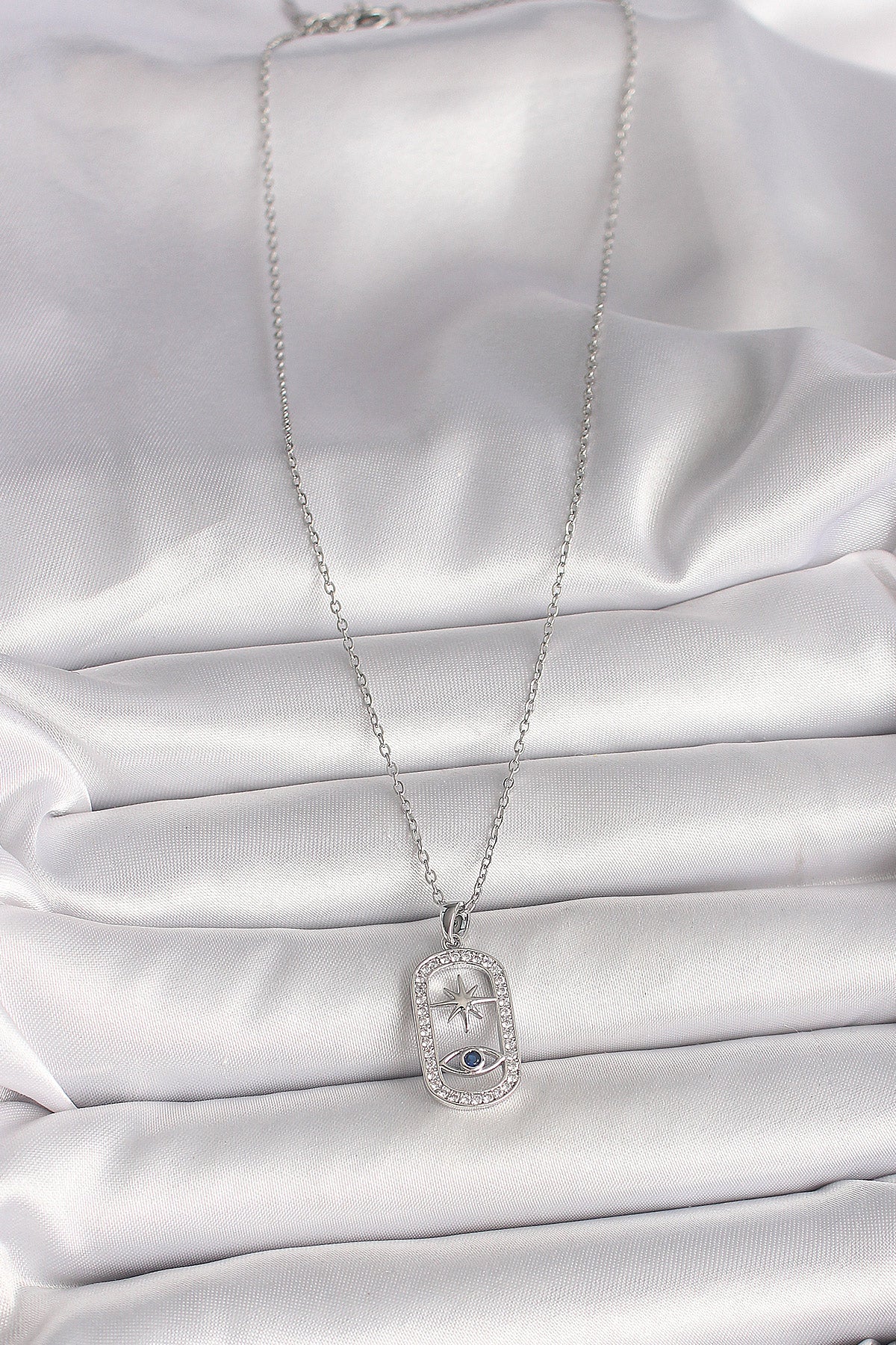 316L Çelik Gümüş Renk Zincir Zirkon Taşlı Göz Yıldız Model Kadın Kolye