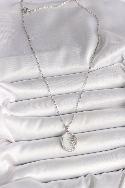 316L Steel Silver Color Chain White Enamel Sunset Model Zircon Stone Detailed Women's Necklace