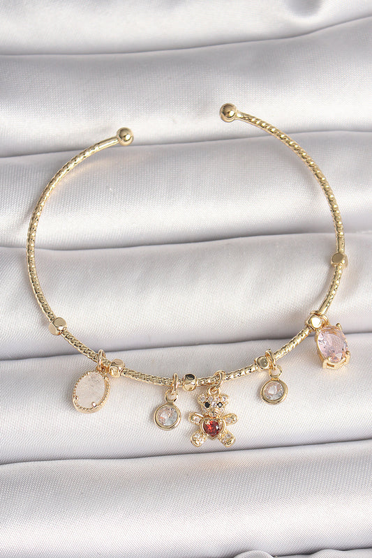 Pirinç Gold Renk Sallantı Zirkon Taşlı Ayıcık Figür Kırmızı Kalp Detay Charm Kadın Bileklik