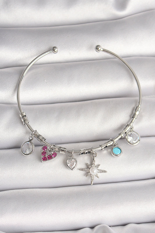 Brass Silver Color Dangle Zircon Stone Pole Star Figure Heart Detail Charm Women's Bracelet