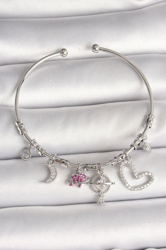 Brass Silver Color Dangle Zircon Stone Planet Figure Heart Detail Charm Women's Bracelet