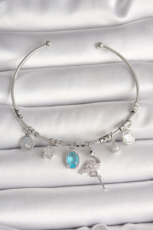 Brass Silver Color Dangle Zircon Stone Filaminga Figure Charm Women's Bracelet