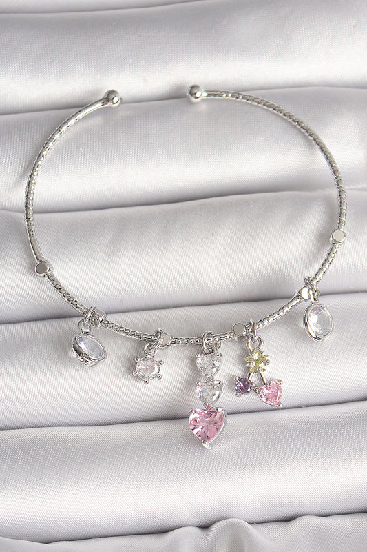 Brass Silver Color Dangle Zircon Stone Heart Figure Charm Women's Bracelet