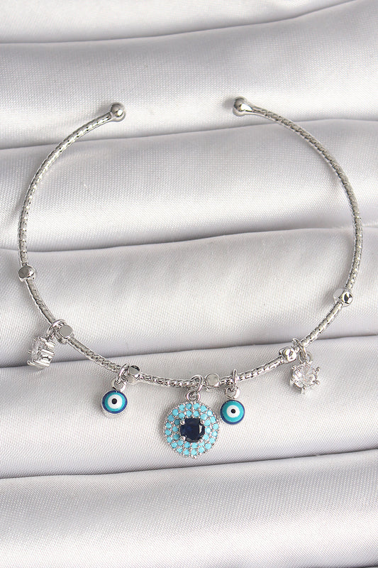 Brass Silver Color Dangle Zircon Stone Evil Eye Bead Figure Charm Women's Bracelet