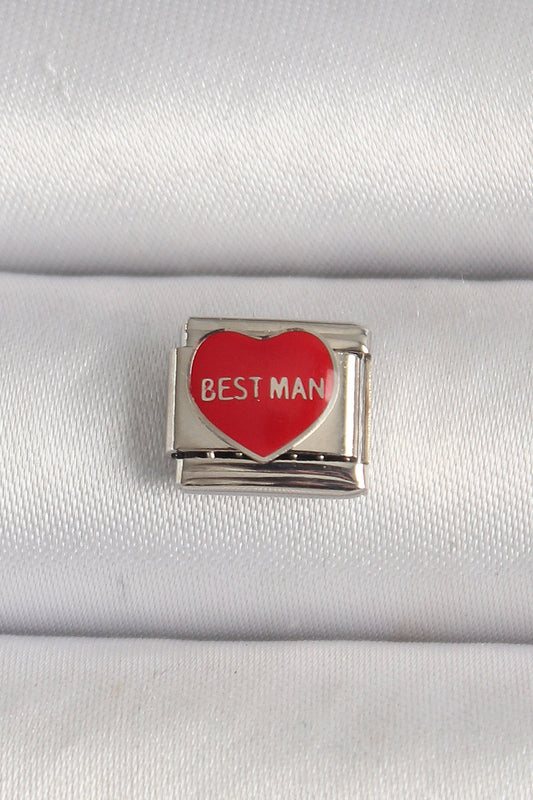 316L Steel Silver Color 'Best Man' Written Red Heart Embroidered Nomination Charm
