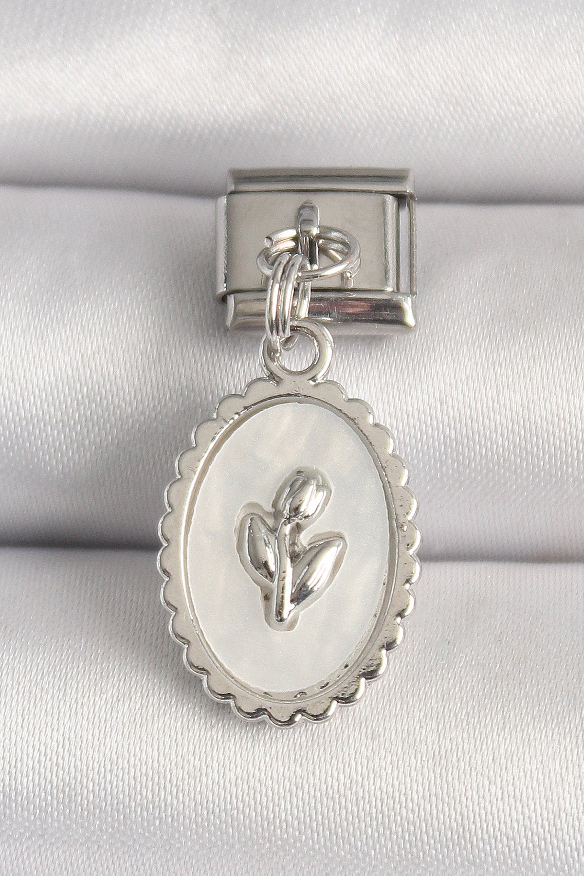 316L Steel Silver Color White Enameled Flower Embroidered Nomination Charm