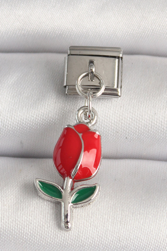 316L Steel Silver Color Red Rose Model Nomination Charm