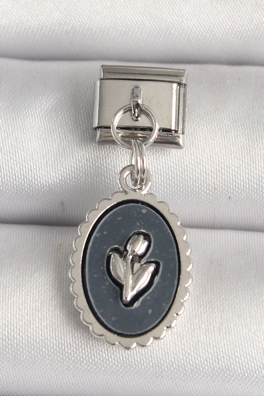 316L Steel Silver Color Flower Embroidered Black Portrait Model Nomination Charm