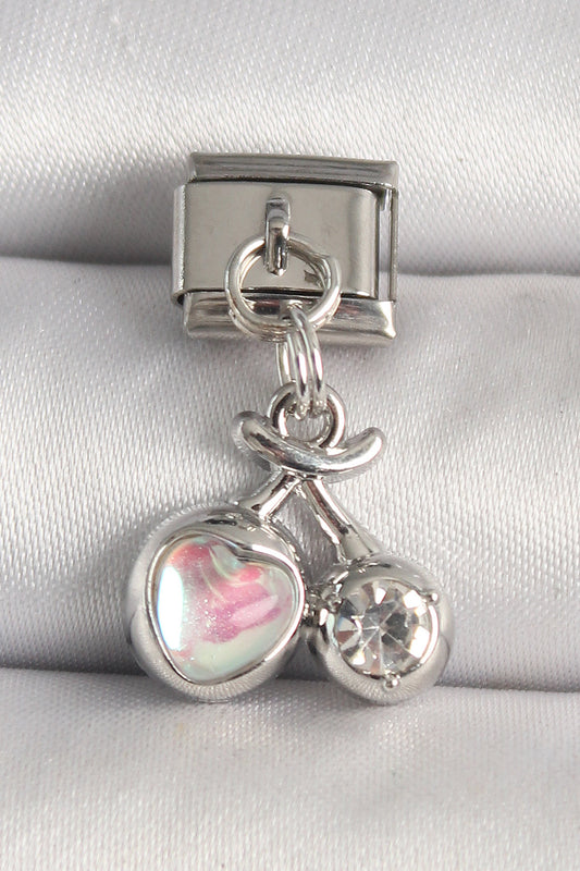 316L Steel Silver Color Pink Enamel Heart Zircon Stone Detail Nomination Charm