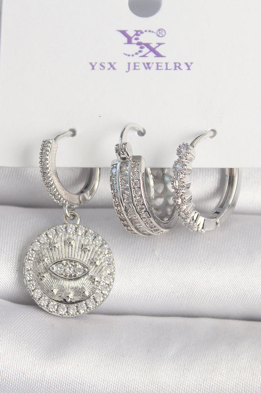 Pirinç Gümüş Renk Zirkon Taşlı Göz İşlemeli Halka Model 3'Lü Kadın Kombin Küpe