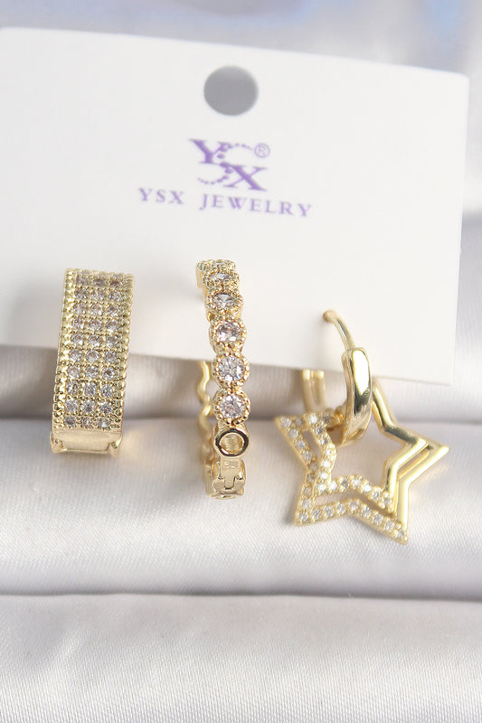 Pirinç Gold Renk Zirkon Taşlı Yıldız Figür Halka Model 3'Lü Kadın Kombin Küpe