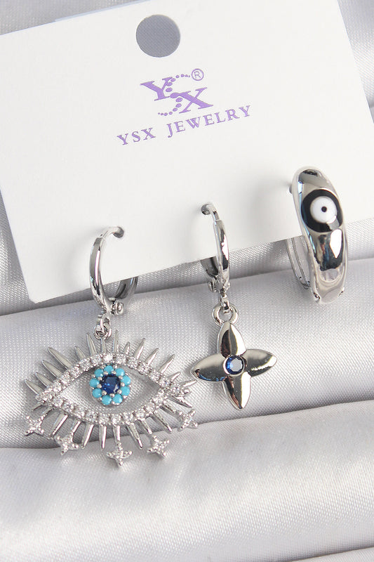 Pirinç Gümüş Renk Zirkon Taşlı Göz Model Nazar Boncuk Detay 3'Lü Kadın Kombin Küpe