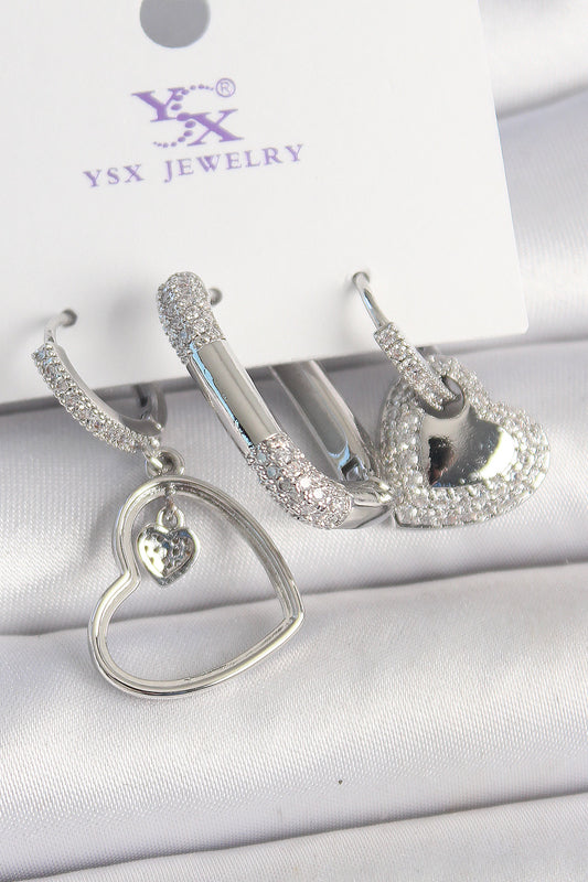 Pirinç Gümüş Renk Sallantı Zirkon Taşlı Kalp Model 3'Lü Kadın Kombin Küpe