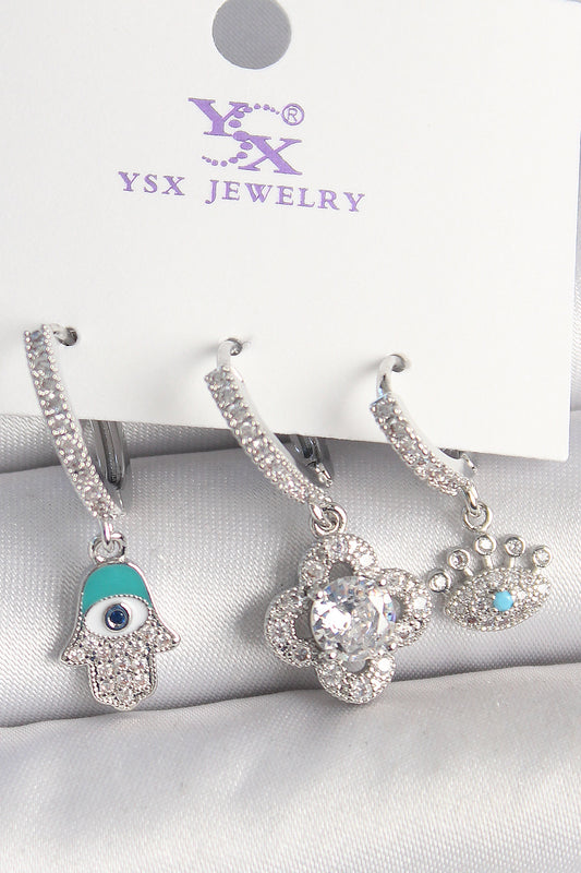 Pirinç Gümüş Renk Zirkon Taşlı Fatma Ana Yonca Figür Göz Detay 3'Lü Kadın Kombin Küpe