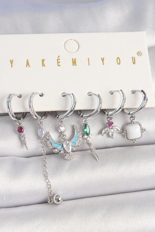 Pirinç Gümüş Renk Zirkon Taşlı Kuş Figür Çiçek Detay 6'Lı Kadın Kombin Küpe