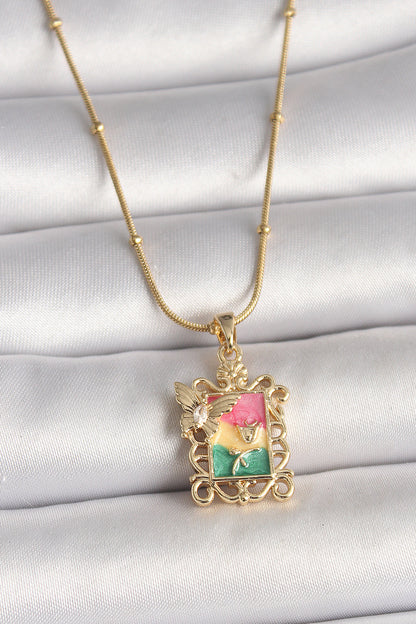 316L Steel Gold Color Colorful Zircon Stone Butterfly Embroidered Portrait Model Women's Necklace