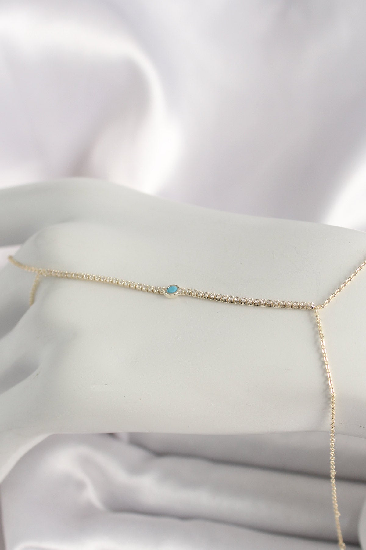 Brass Gold Color Waterway Zircon Stone Blue Stone Detailed Women's Shahmaran