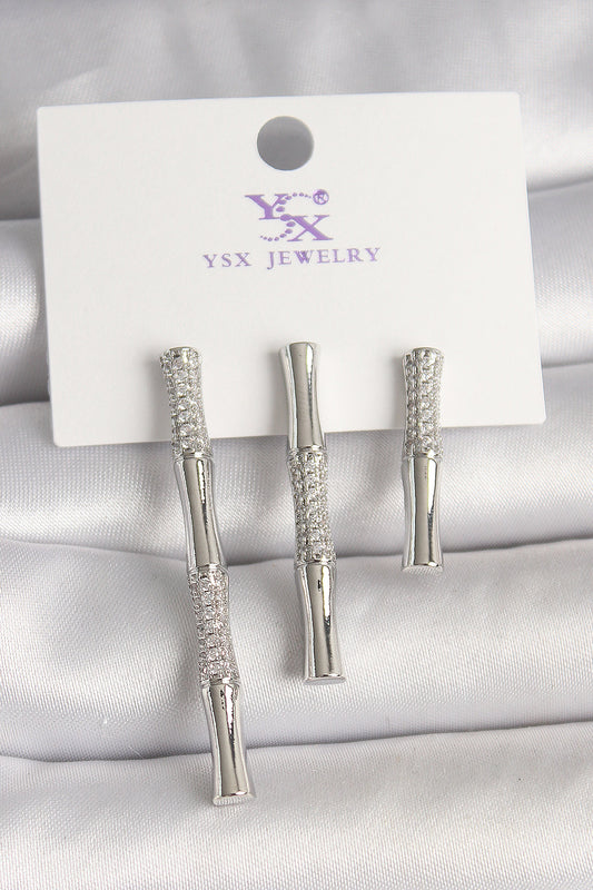 Pirinç Gümüş Renk Zirkon Taşlı Bambu Model 3'Lü Kadın Kombin Küpe