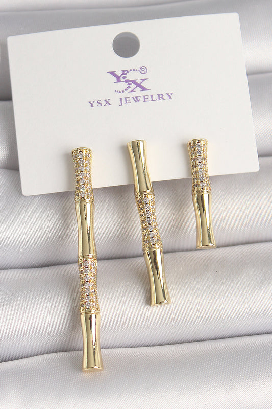 Brass Gold Color Zircon Stone Bamboo Model 3-Piece Women's Combination Earrings