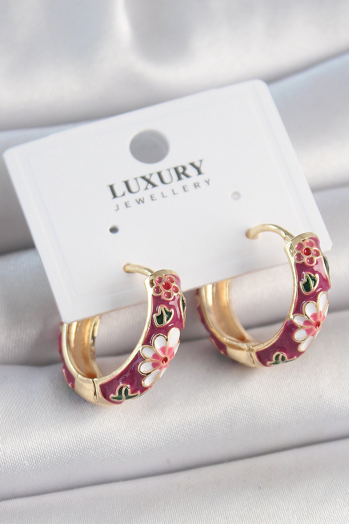 Brass Gold Color Hoop Purple Flower Enamel Women's Earrings