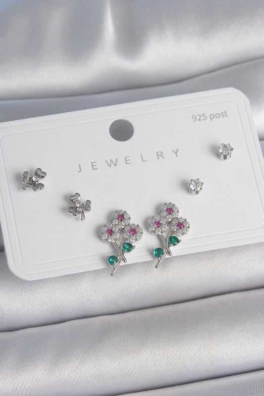 Pirinç Gümüş Renk Renkli Zirkon Taşlı Çiçek Model Yaprak Detay 925 Ayar Gümüş Çivi Kadın Küpe Seti