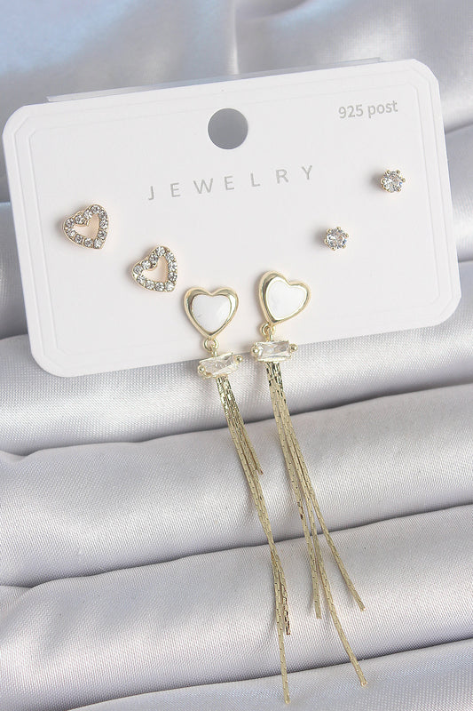 Pirinç Gold Renk Beyaz Mineli Sallantı Mineli Kalp Model Zirkon Taş Detaylı 925 Ayar Gümüş Çivi Kadın Küpe Seti