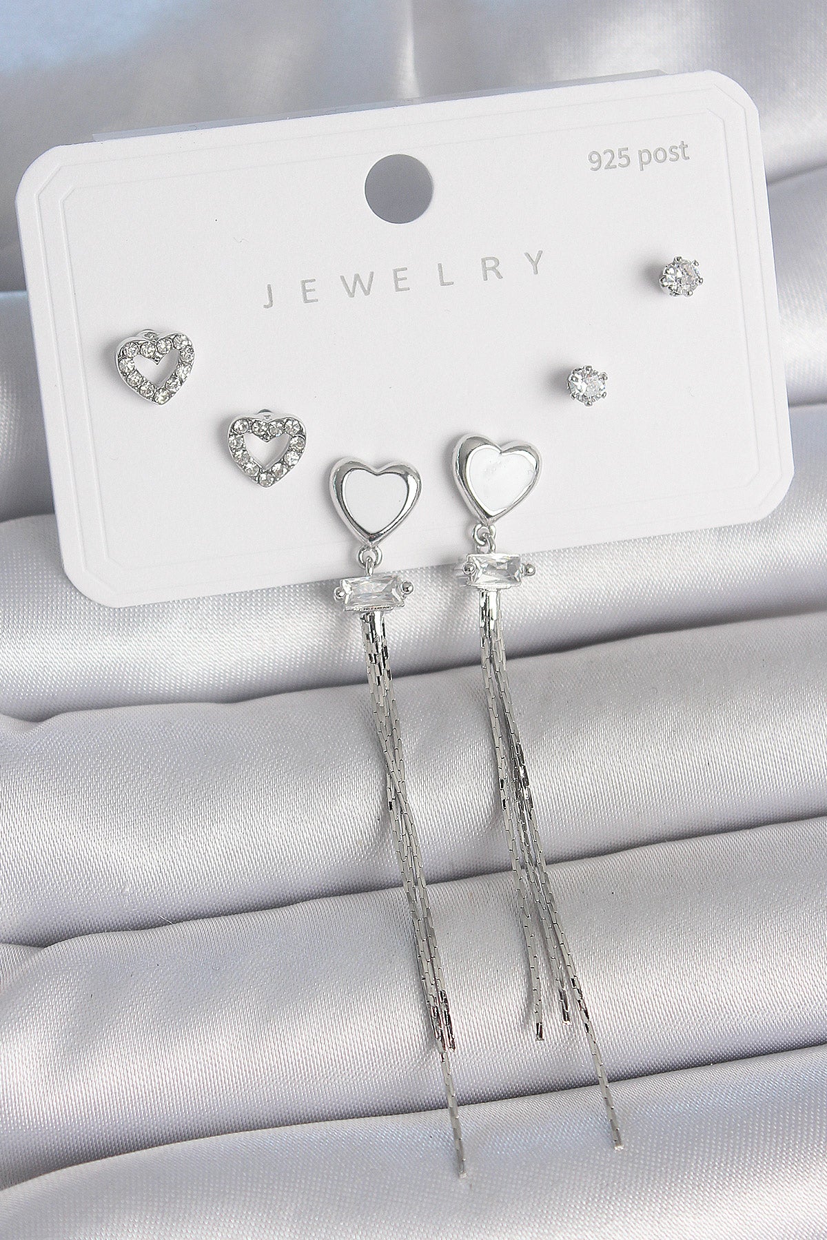 Brass Silver Dangle White Enameled Heart Model Zircon Stone Heart Detail 925 Sterling Silver Stud Women's Earring Set