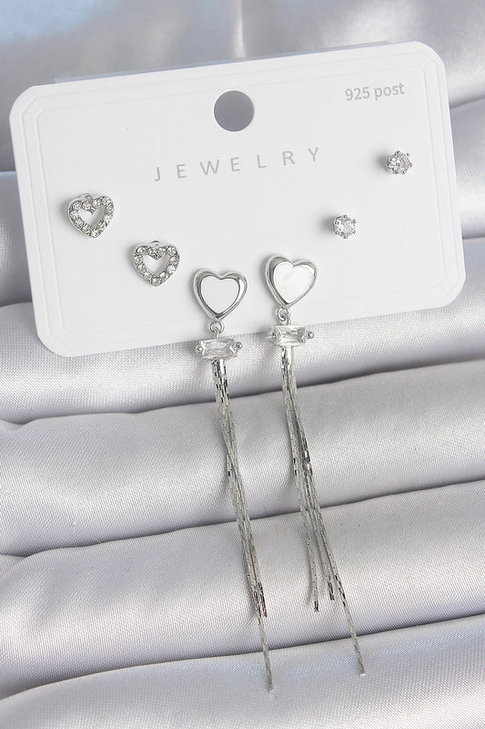 Brass Silver Dangle White Enameled Heart Model Zircon Stone Heart Detail 925 Sterling Silver Stud Women's Earring Set
