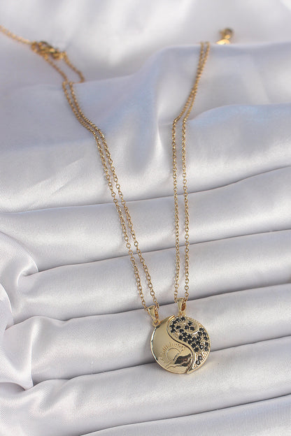 316L Çelik Gold Renk Zincir Zirkon Taşlı Ying Yang Model Gün Batımı İşlemeli Arkadaşlık Kadın Kolye