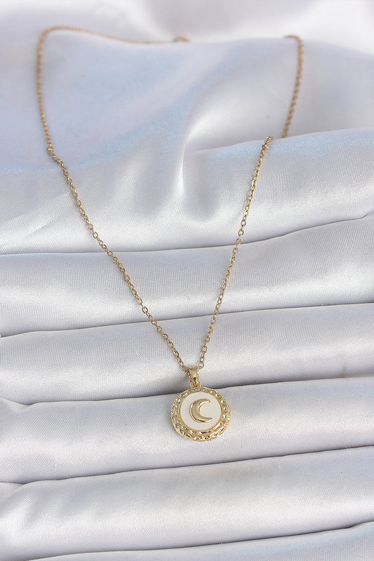 316L Steel Gold Color Chain White Enameled Crescent Embroidered Medallion Model Women's Necklace