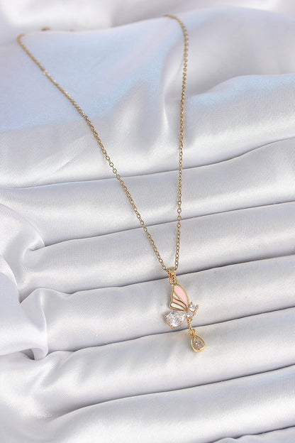 316L Çelik Gold Renk Zincir Damla Zirkon Taşlı Kelebek Model Sallantı Detay Kadın Kolye