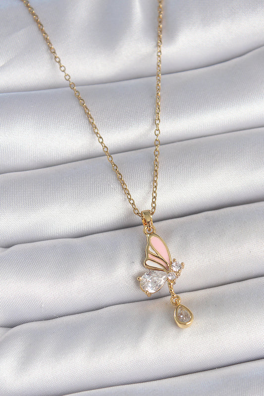316L Çelik Gold Renk Zincir Damla Zirkon Taşlı Kelebek Model Sallantı Detay Kadın Kolye