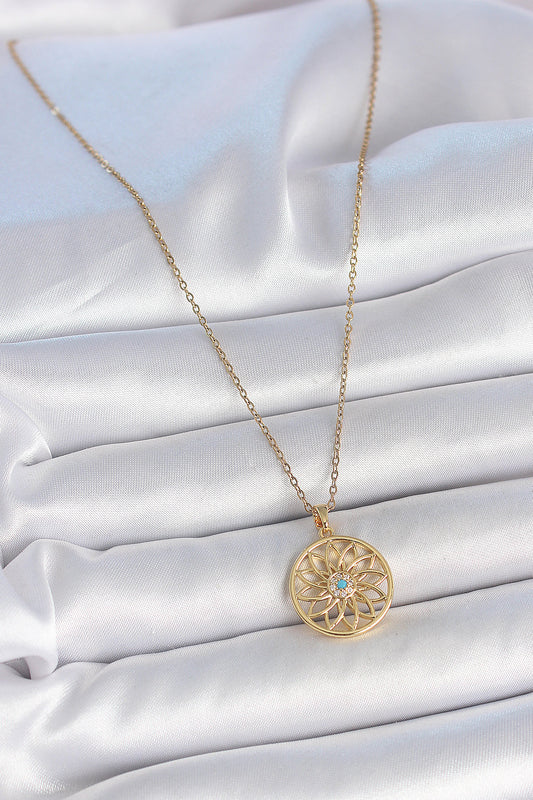 316L Stainless Steel Gold-Tone Blue Lotus Women's Necklace with Stone Detail