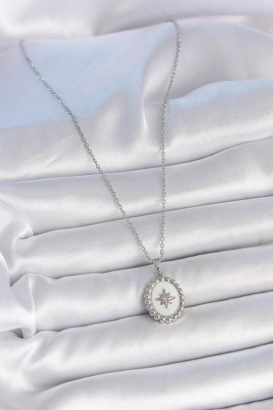 316L Stainless Steel Silver-Tone White North Star Medallion Women's Necklace with Enamel Detail