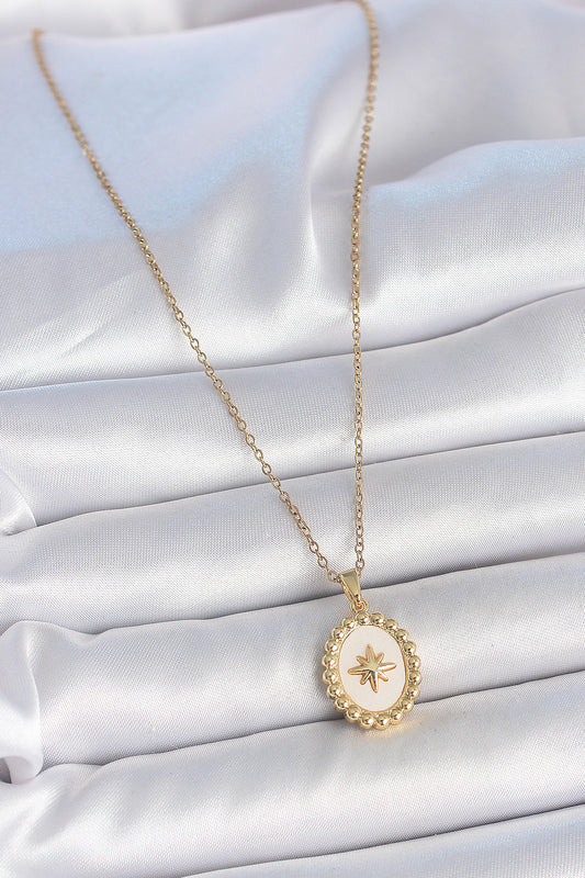 316L Stainless Steel Gold-Tone White North Star Medallion Women's Necklace with Enamel Detail