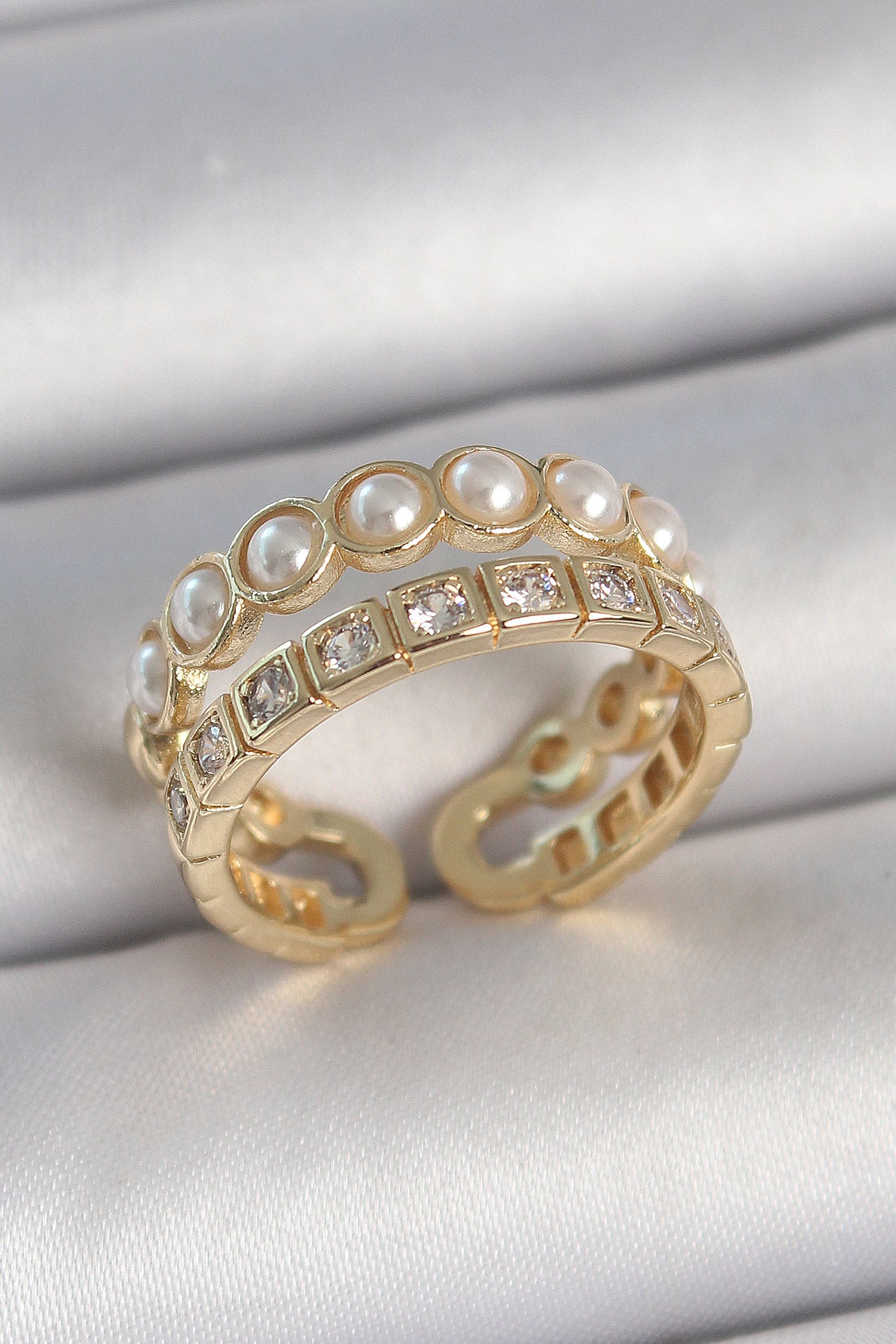 Brass Gold Color 2-Piece Zircon Stone and Pearl Adjustable Women's Ring