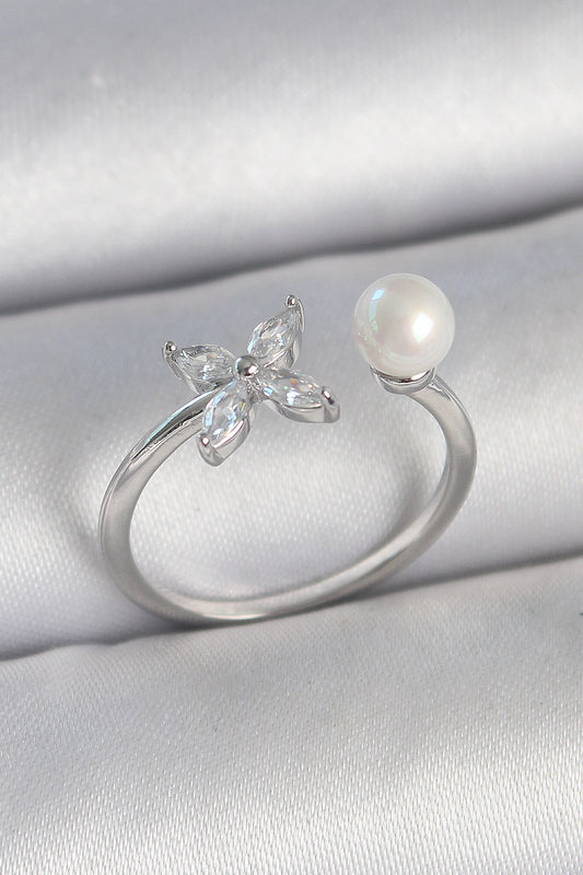 Brass Silver Color Zircon Stone Flower Model Pearl Detail Adjustable Women's Ring