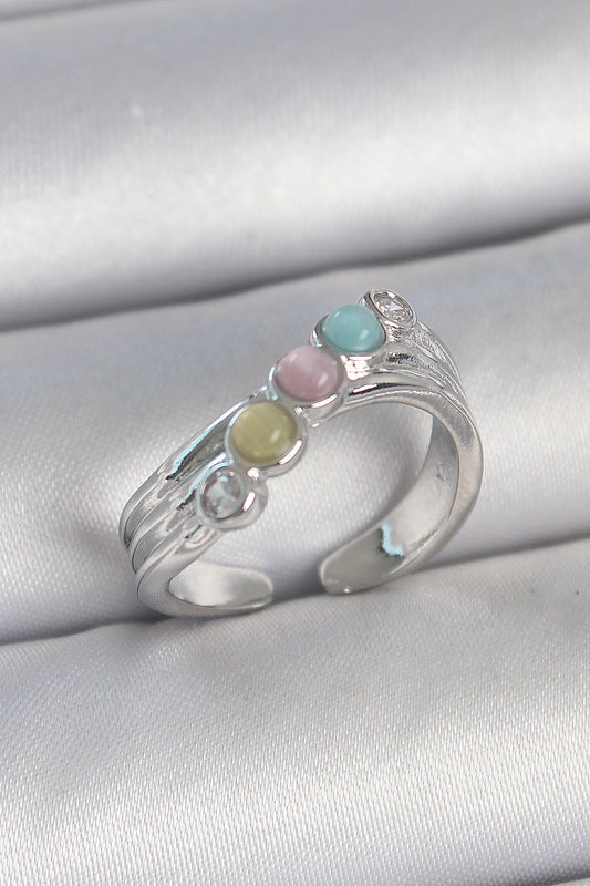 Brass Silver Color Zircon Stone Detailed Colorful Enamel Adjustable Women's Ring