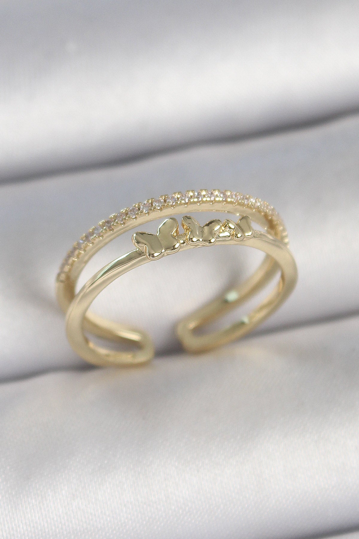 Brass Gold Color 2-Row Zircon Stone Detailed Butterfly Figured Adjustable Model Women's Ring