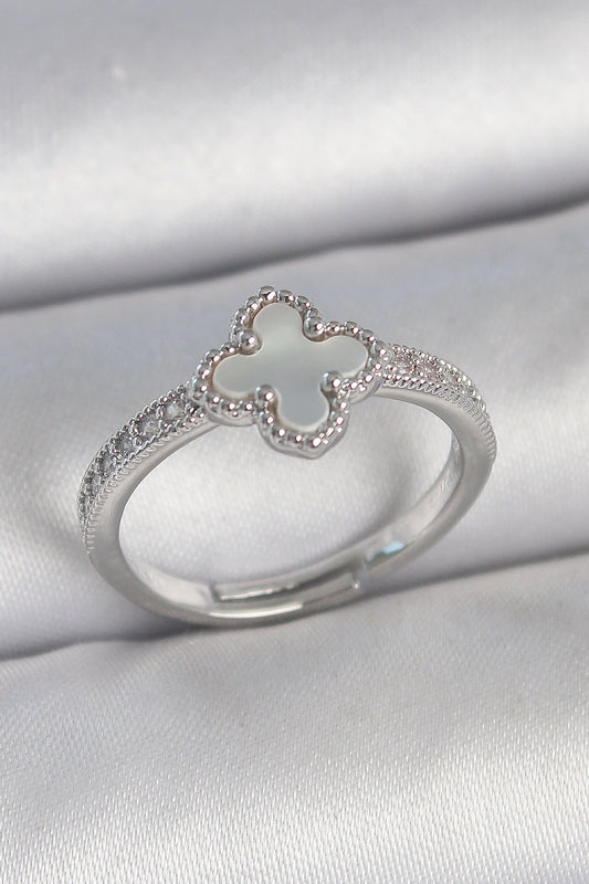 Brass Silver Color Zircon Stone White Enamel Clover Model Adjustable Women's Ring