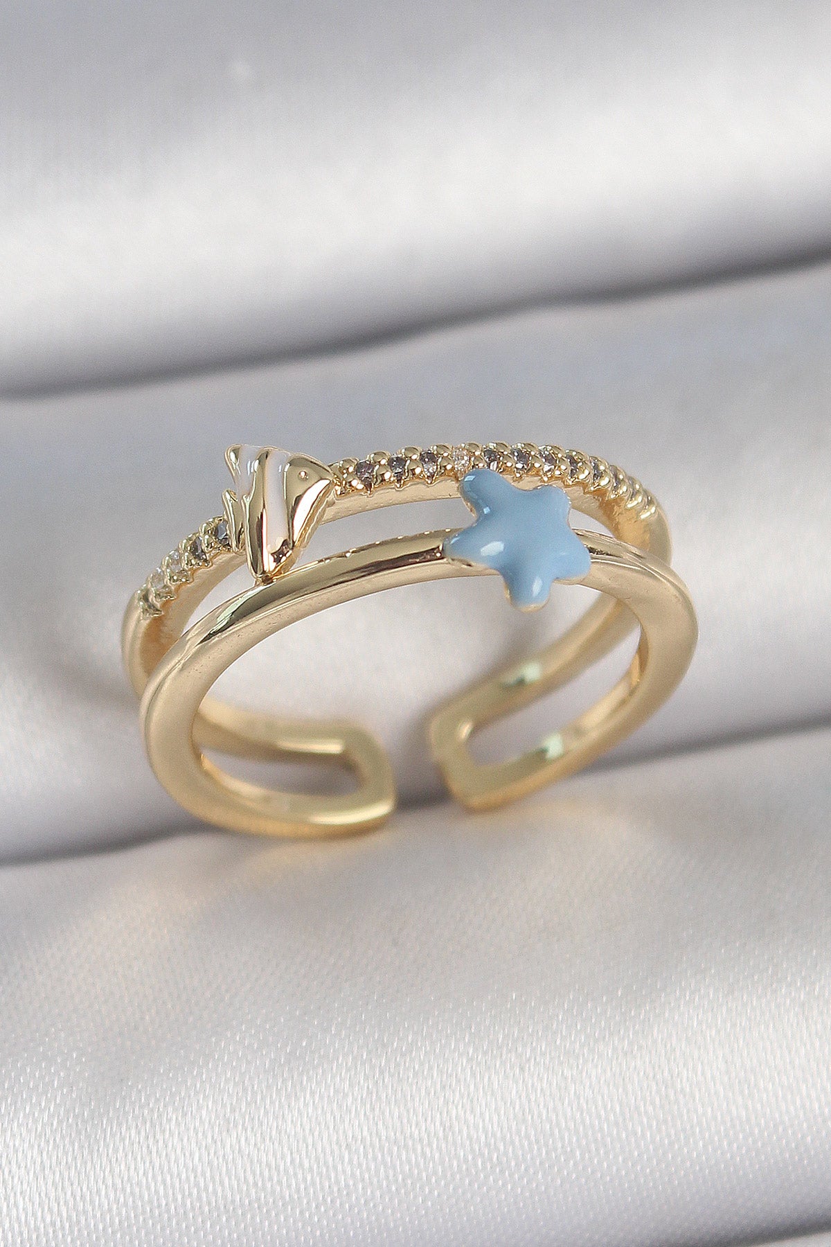Brass Gold Color 2-Piece Zircon Stone Blue Star Figure Adjustable Women's Ring