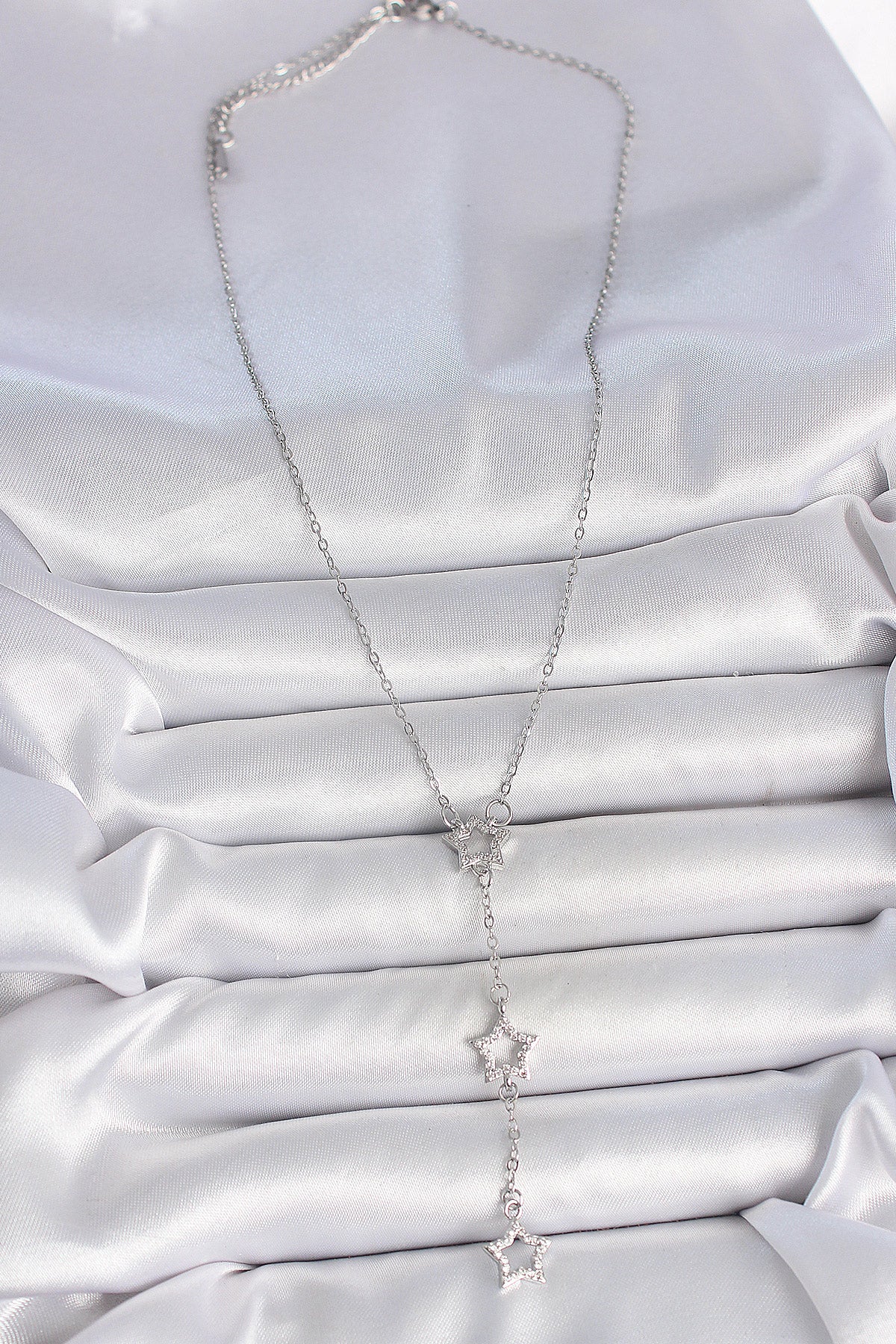 316L Çelik Gümüş Renk Zincir Zirkon Taşlı Yıldız Y Model Kadın Kolye