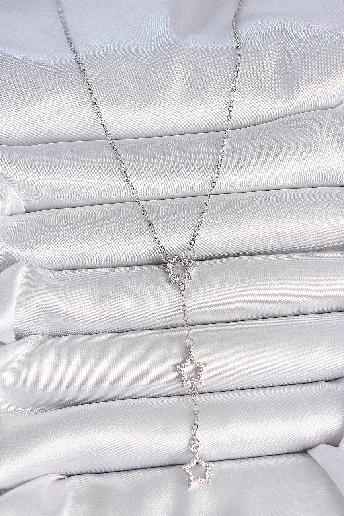 316L Çelik Gümüş Renk Zincir Zirkon Taşlı Yıldız Y Model Kadın Kolye
