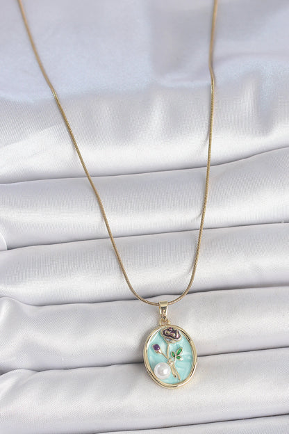 316L Steel Gold Color Chain Blue Flower Embroidered Pearl Detail Portrait Model Women's Necklace